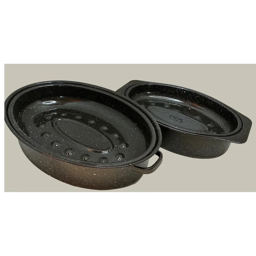 Vintage Granite Ware Roasting Pan Set Speckled Enamel Black Oval Turkey Roasters